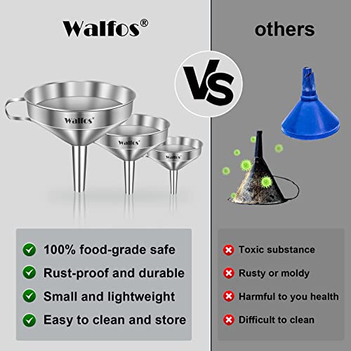 Smart Home Stainless Steel Funnel, Walfos 3 Pack Kitchen Funnel with 2 Kit