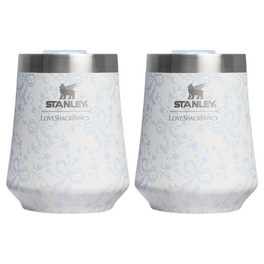 Elegant Stemless Stanley 1913 x LoveShackFancy Holiday The Reserve Wine Tumbler Set | 2-pack D205C - Premium Insulated Egg-Shaped Wine Glass for Outdoors - Coquette Bow Winter Ice