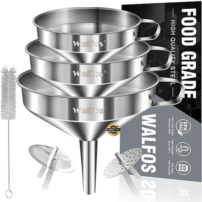 Smart Home Stainless Steel Funnel, Walfos 3 Pack Kitchen Funnel with 2 Kit