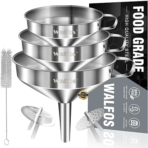 Smart Home Stainless Steel Funnel, Walfos 3 Pack Kitchen Funnel with 2 Kit